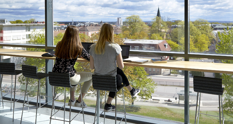 Bild på elever som sitter vid ett stort fönster med vy över Skövde city.
